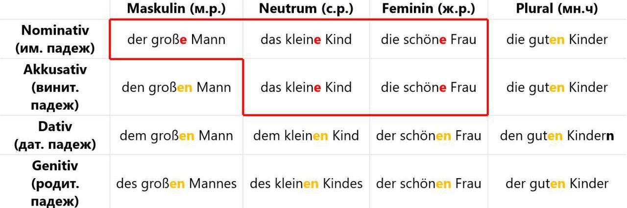 Слабое склонение прилагательных в немецком языке