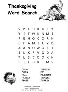 Кроссворд «Поиск слов» (Word Search)» к Дню Благодарения (Thanksgiving Day) на английском языку